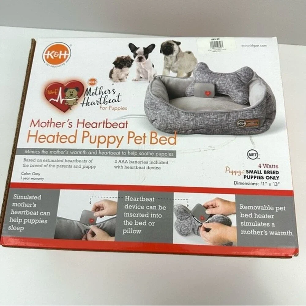 K&H Mother's Heartbeat Grey Heated Puppy Pet Bed Dog Animal Comfy Sleep Nap
